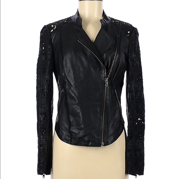 Muubaa 100% Lamb Leather Embroidered Cut-Out Moto Biker Jacket 6 - Picture 1 of 12